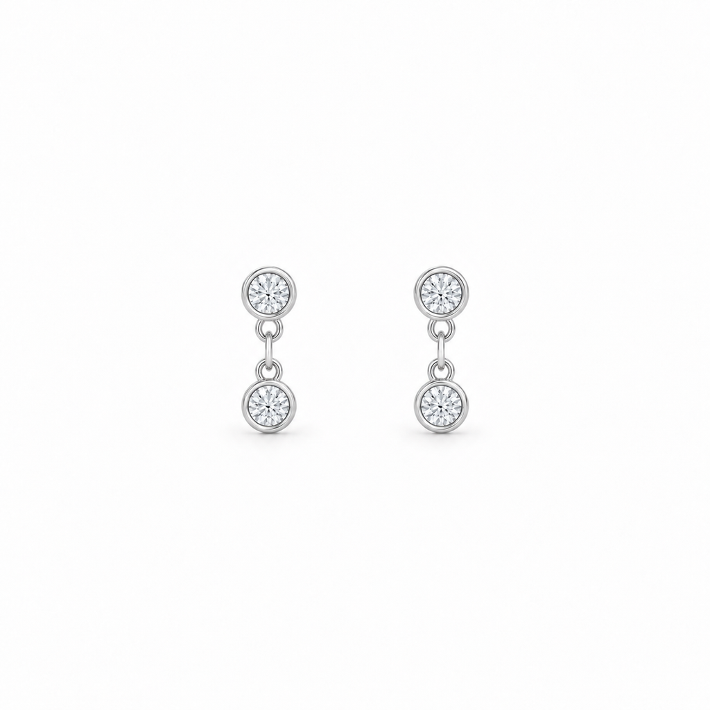 Silver Petite Bezel Drop Earrings with moissanite