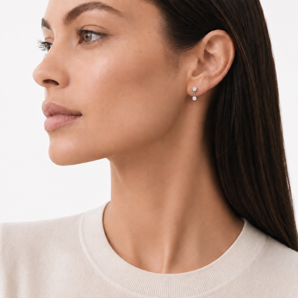 Silver Petite Bezel Drop Earrings, with moissanite, by knightley