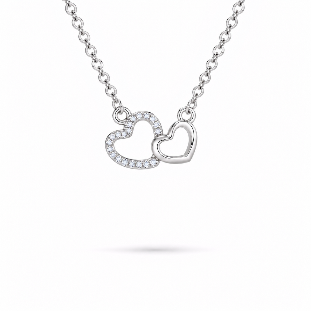 Silver Double Heart Necklace with moissanite, sterling silver