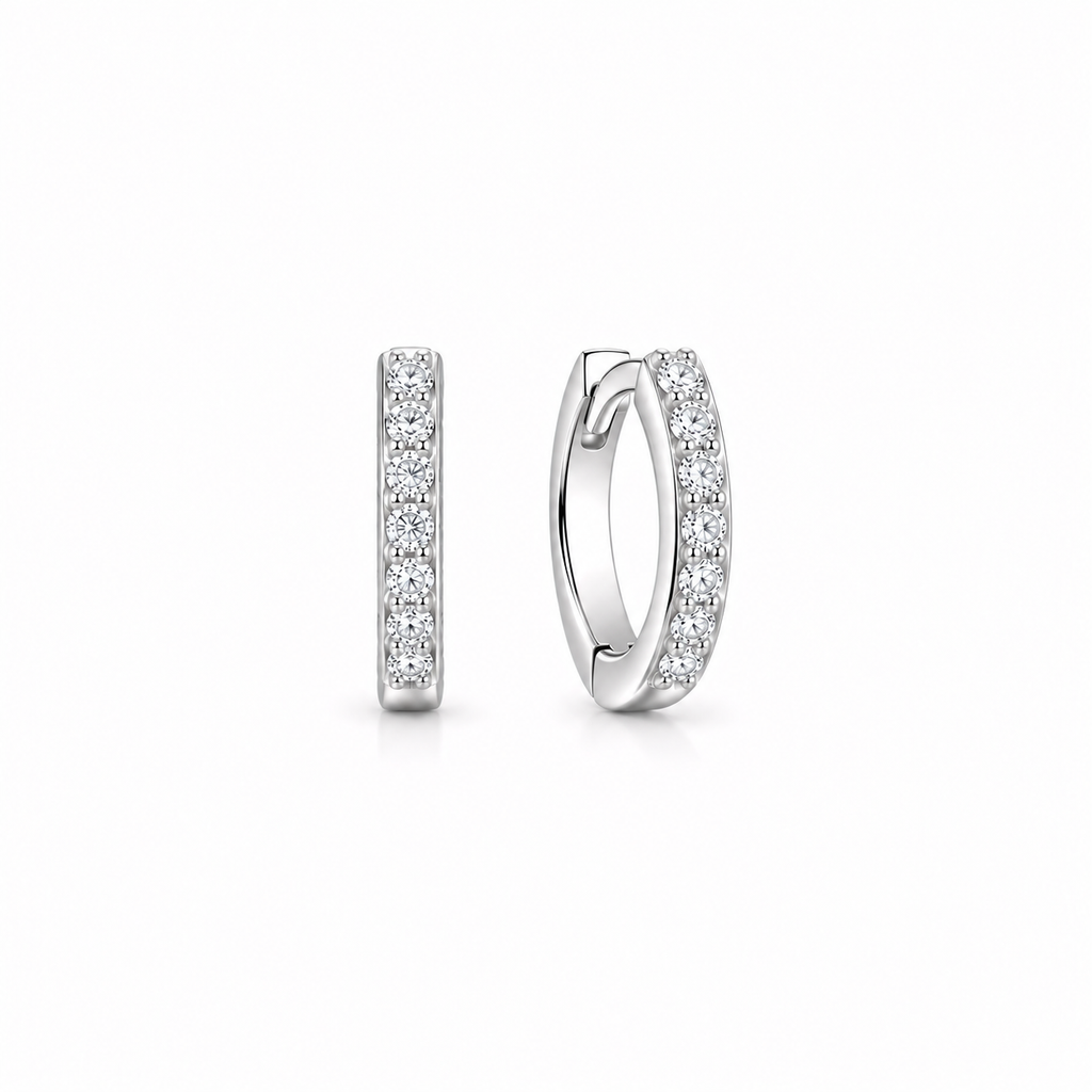 Silver Pavé Huggie Earrings with moissanite, by Knightley