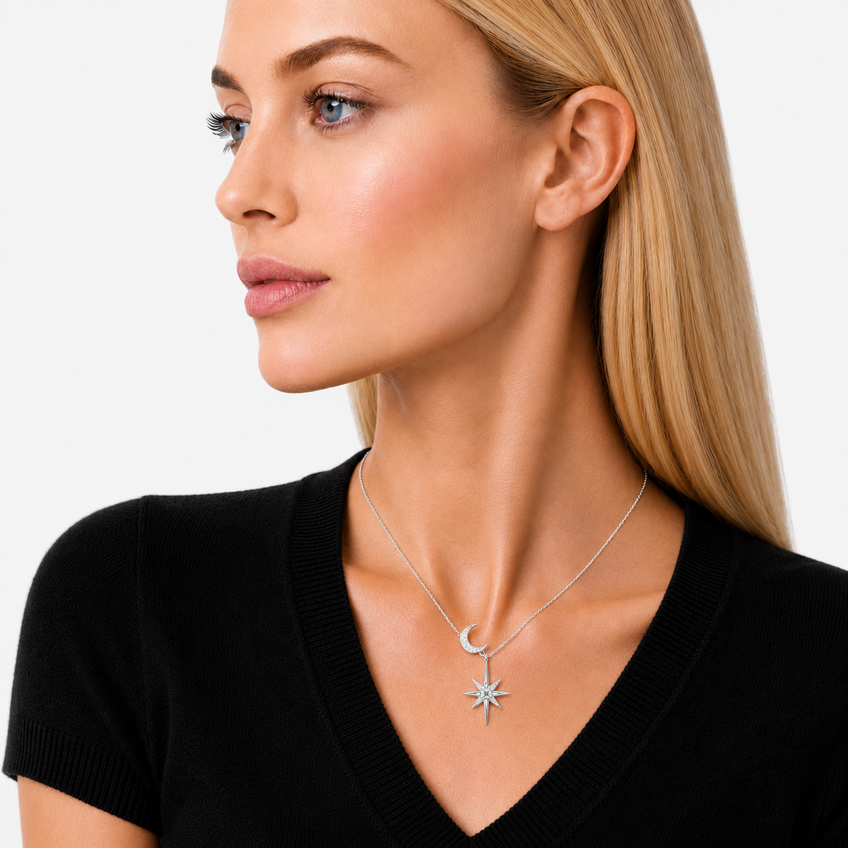 Moissanite North Star & Moon Necklace, sterling silver, on model