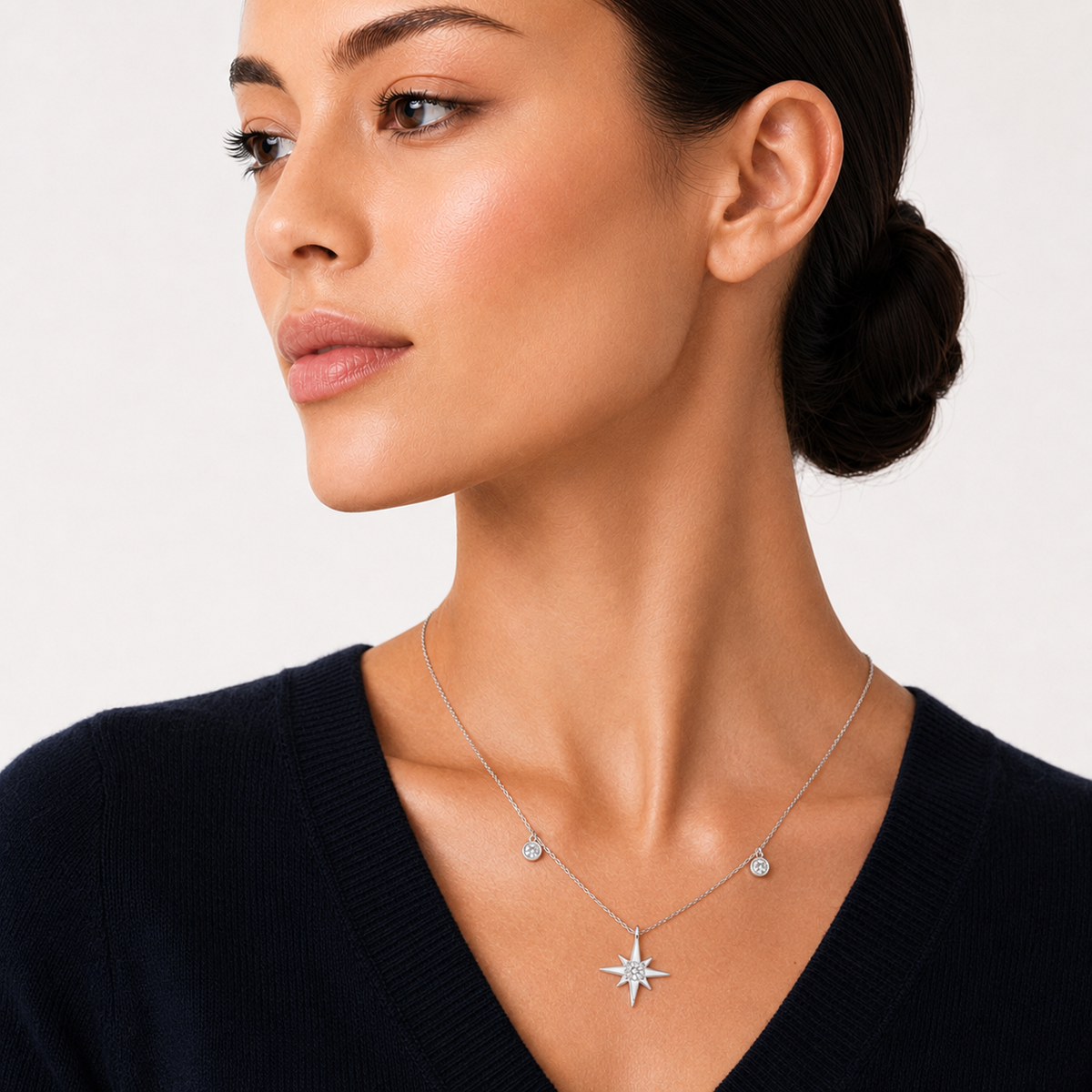 Moissanite North Star Necklace, sterling silver, on model 