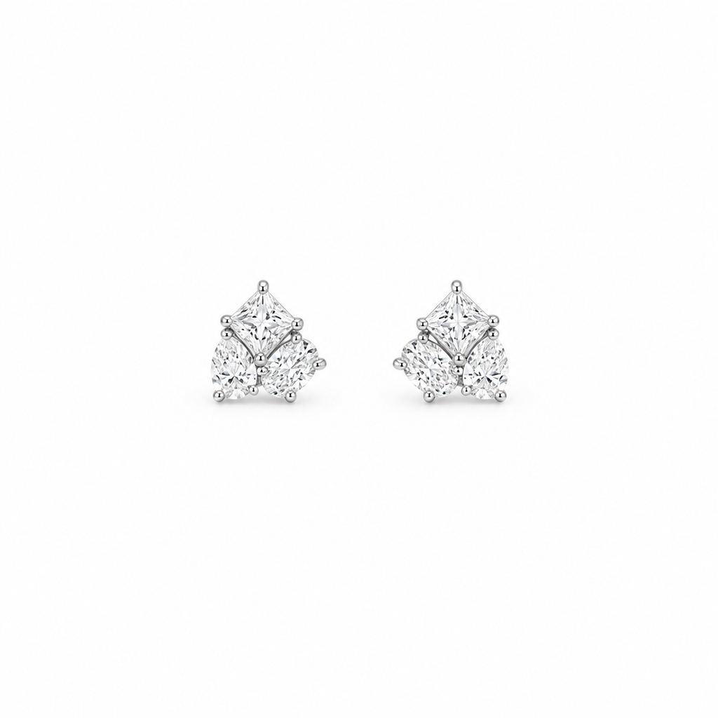 Trio Moissanite Stud Earrings with princess cut, pear cut and oval cut moissanite stones, sterling silver