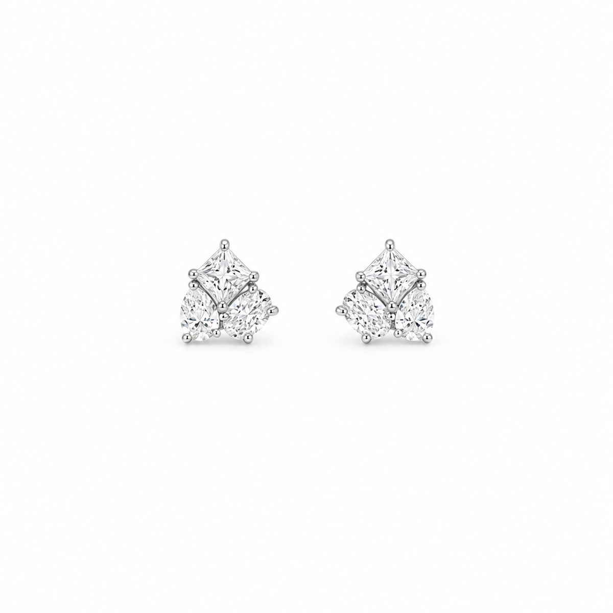 Trio Moissanite Stud Earrings with princess cut, pear cut and oval cut moissanite stones, sterling silver
