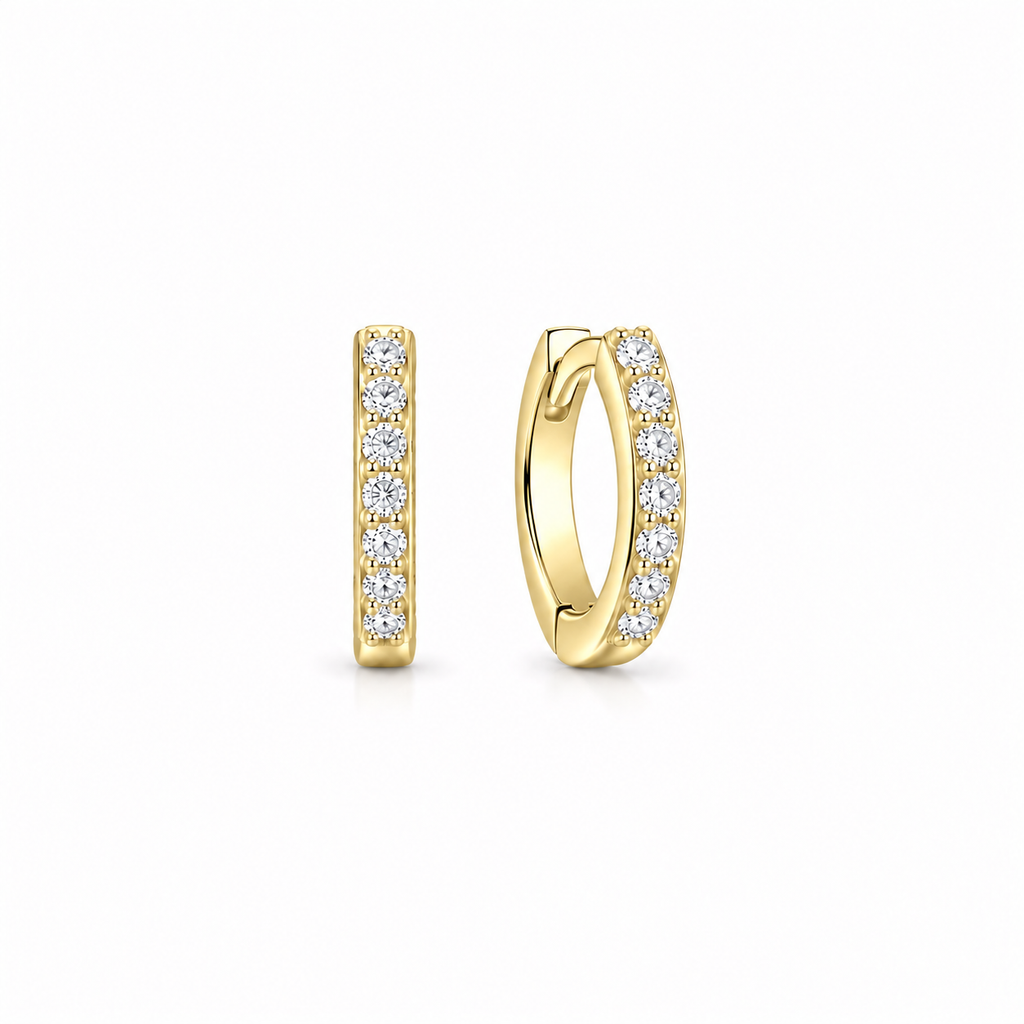 Gold Pavé Huggie Earrings with moissanite, gold plated sterling silver, by Knightley
