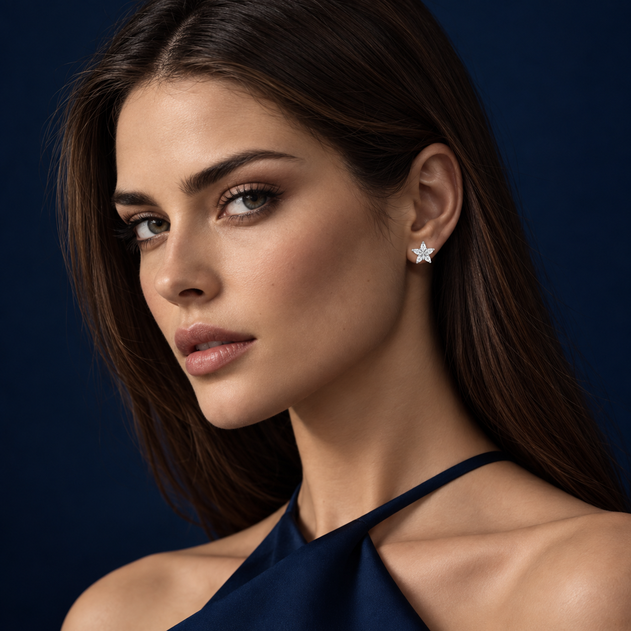 model in marquise star earrings, with moissanite, sterling silver, by knightley