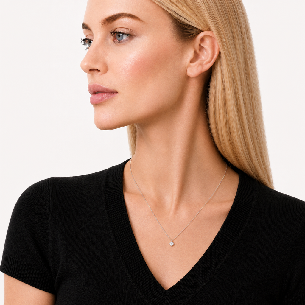 model in A round brilliant cut moissanite weighing 0.5ct in a classic solitaire necklace, white gold plated sterling silver