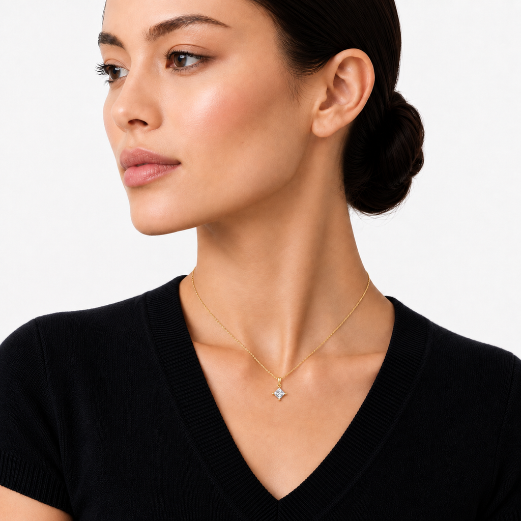 model wearing yellow gold 1ct Princess Cut Solitaire Necklace by Knightley