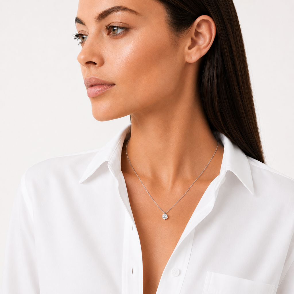 model wearing a 1ct moissanite necklace, white gold plated sterling silver