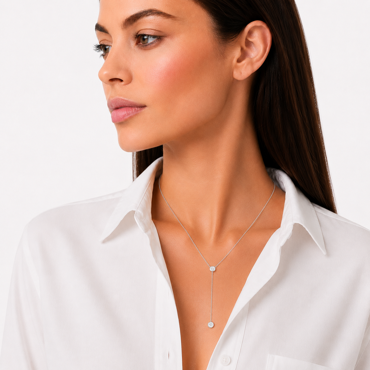 model wearing Bezel Drop Necklace, moissanite, sterling silver