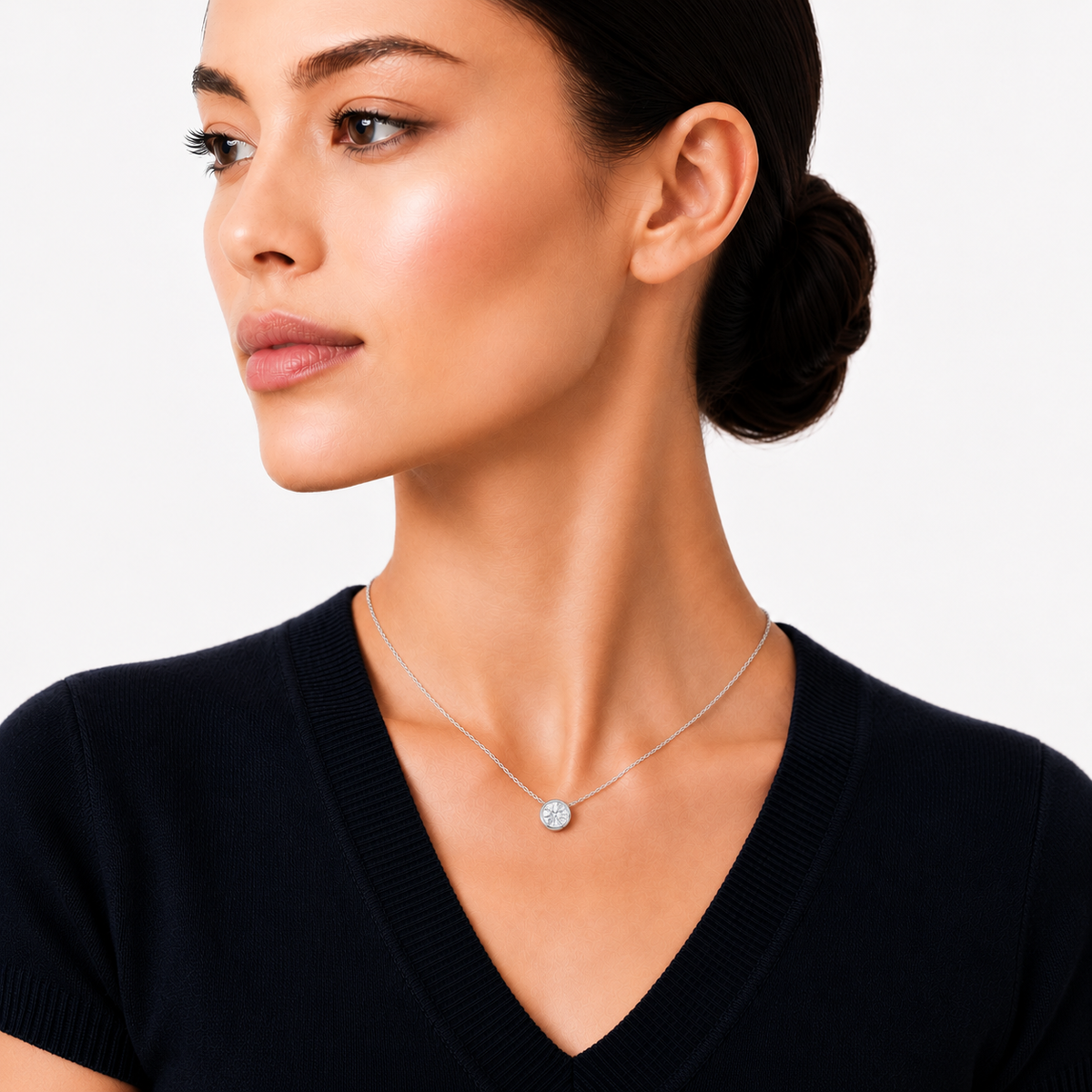 model wears 2ct moissanite Bezel Necklace, sterling silver