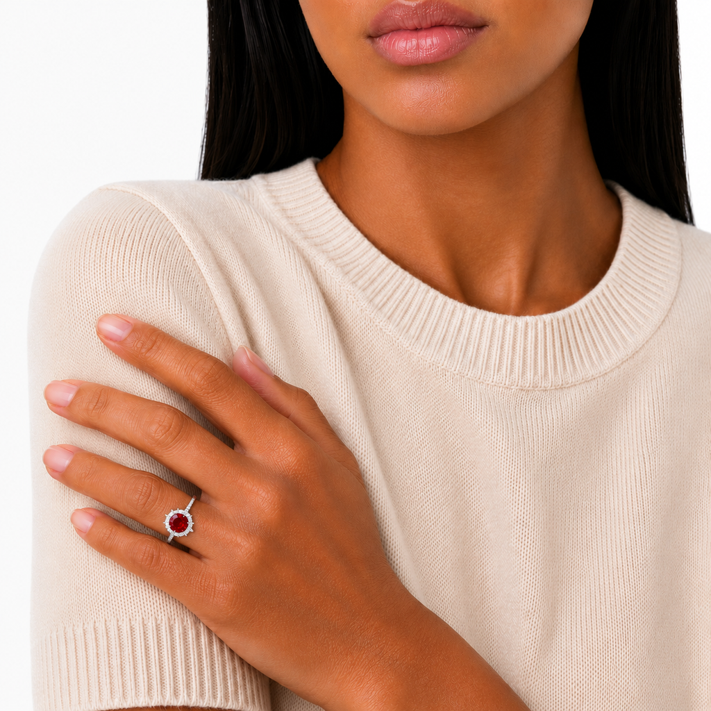 Red Moissanite Halo Ring, platinum plated sterling silver, on model 