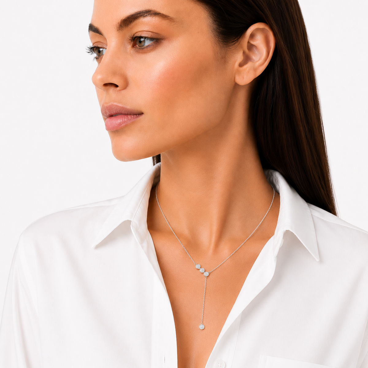 model wears moissanite Trio Drop Bezel Necklace, sterling silver