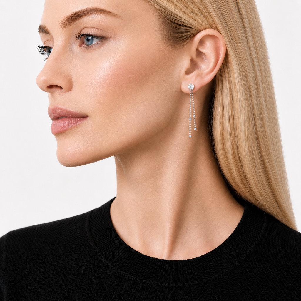 model wearing moissanite Bezel Drop Earrings, sterling silver