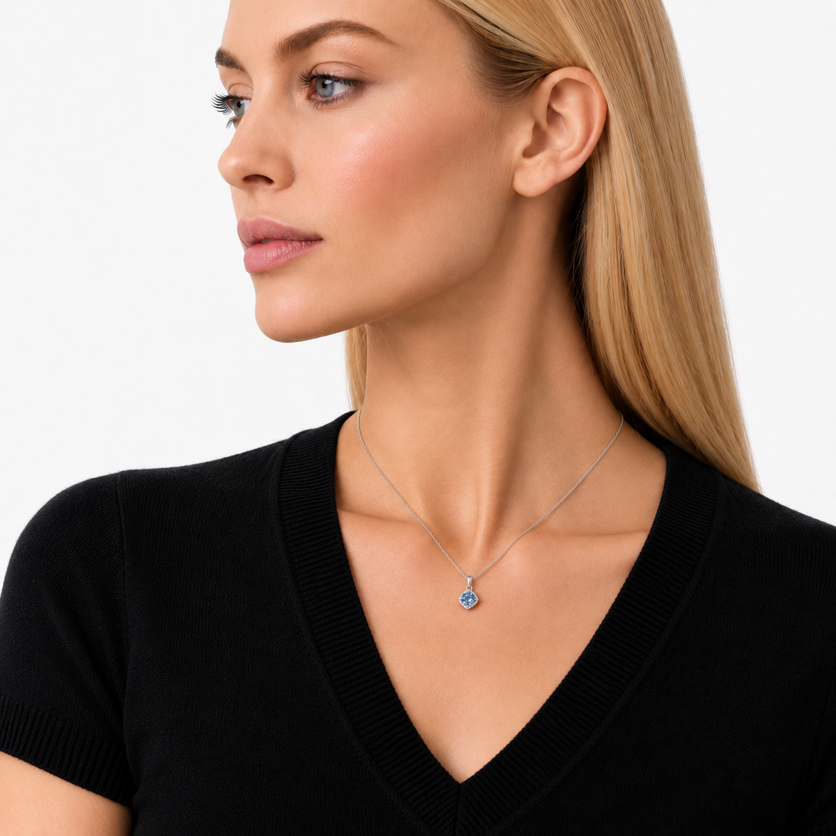model wearing 1ct Blue Halo Necklace in silver, by Knightley